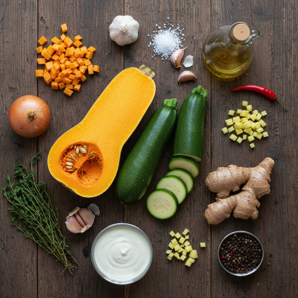 Ingrédients pour Soupe De Courgette Butternut Et Gingembre Ingrédients pour Soupe De Courgette Butternut Et Gingembre